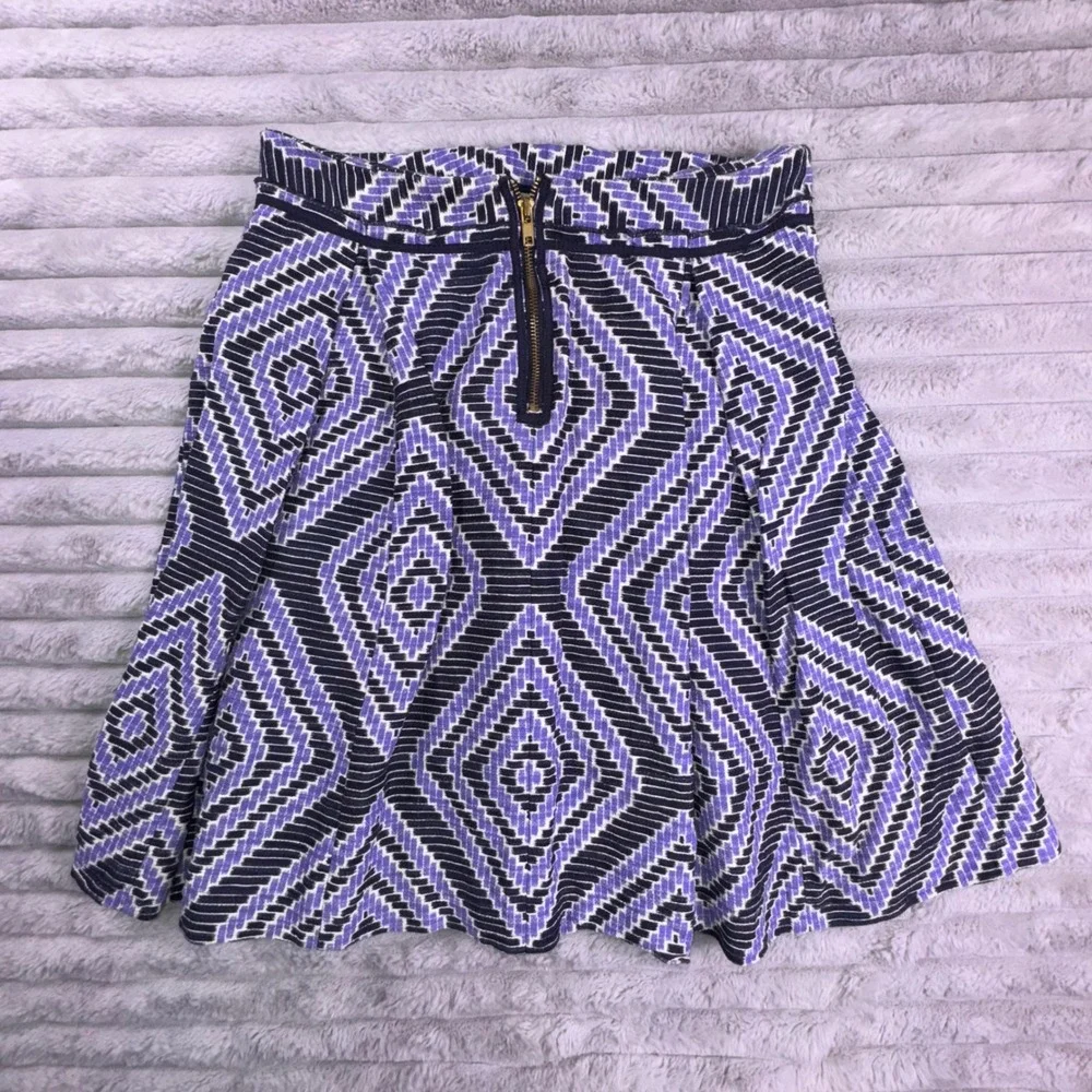 Tory Burch Women's 8 Purple Black Geometric Pleated A Line Skirt Cotton‎ Linen